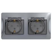 Systeme Electric GSL000347 Glossa Розетка двойная с заземлением, со шторками, в сборе, IP44, алюминий