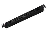 Rem R-10-10C13-I-440-Z Блок розеток Rem-10 для 19" шкафов, горизонтальный, с фильтром защиты с индикатором, 10 х IEC 60320 C13, алюминиевый корпус, 10А, 250В, вход кабеля питания - IEC 60320 C14 (без кабеля питания), 484х45х45мм (ШхВхГ), цвет черный