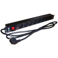 TWT TWT-PDU19-10A8P-3.0 Блок розеток для 19" шкафов, горизонтальный, с выключателем с подсветкой, 8 розеток Shuko, стальной корпус, 10А, 220В, кабель питания 3 м с вилкой Schuko, 485х44х46 мм (ШхВхГ)