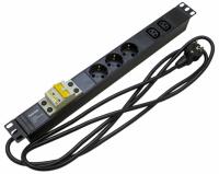 Hyperline SHE19-3SH-2IEC-B-2.5EU Блок розеток для 19" шкафов, горизонтальный, с автоматическим выключателем, 3xSchuko+2xIEC 320 C13, 16A, 250В, кабель питания 3х1.5мм2, длина 2.5 м, с вилкой Schuko, 482.6x44.4x44.4мм (ДхШхВ)