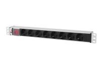 Rem R-10-8S-V-440-Z Блок силовых розеток Rem-10 для 19" шкафов, горизонтальный, с выключателем, 8 розеток Shuko, алюминиевый корпус, 10А, 250В, вход питания - IEC320 C14 (без кабеля питания)