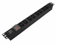 Hyperline SHE19-8IEC-S-IEC Блок розеток для 19" шкафов, горизонтальный, с выключателем с подсветкой, 8хIEC 320 C13, 10A, 250В, без кабеля питания, входная розетка IEC 320 C14, 482.6x44.4x44.4мм (ДхШхВ)