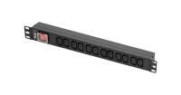 NIKOMAX TLK-RSA12-MTF-01-BK Блок электрических розеток для 19" шкафов, 12 x IEC 60320 C13, стальной корпус, 10А, 250В, вход питания - IEC 60320 С14 + предохранитель 10А (без кабеля питания), максимальная мощность 2500Вт, 44.4х483х44.4мм (ВхШхГ)
