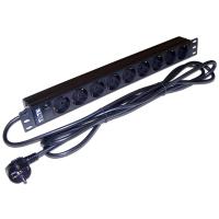 TWT TWT-PDU19-16A9P-3.0 Блок розеток для 19" шкафов, горизонтальный, без выключателя, 9 розеток Schuko, стальной корпус, 16А, 220В, кабель питания 3м с вилкой Schuko, 485х44х46 мм (ШхВхГ)