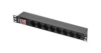 TLK TLK-RSC08-MTF-01-BK Блок розеток для 19" шкафов, горизонтальный, с перекидным выключателем, с предохранителем 10А, 8 розеток Shuko, алюминиевый корпус, 10А, 250В, вход питания - IEC320 C14 (без кабеля питания), 490х44.4х68мм (ШхВхГ)