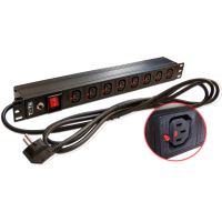 TWT TWT-PDU-10A8C3L-3.0 Блок розеток для 19" шкафов, горизонтальный, с выключателем с подсветкой, 8хIEC 60320 C13 с фиксатором вилки, стальной корпус, 10A , 250V, кабель питания 3м с вилкой Schuko