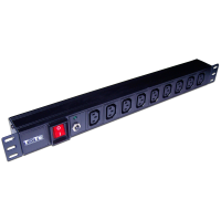 TWT TWT-PDU19-10A9C3 Блок розеток для 19" шкафов, горизонтальный, с устройством защитного отключения и выключателем с подсветкой, 9хIEC 60320 C13, стальной корпус, 10A, 250В, без кабеля питания