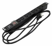 Hyperline SHE19-8IEC-S-2.5EU Блок розеток для 19" шкафов, горизонтальный, с выключателем с подсветкой, 8хIEC 320 C13, 16A, 250В, кабель питания 3х1.5мм2, длина 2.5 м, с вилкой Schuko, 482.6x44.4x44.4мм (ДхШхВ)