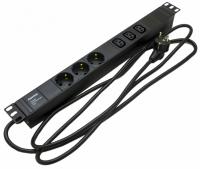 Hyperline SHE19-3SH-3IEC-2.5EU Блок розеток для 19" шкафов, горизонтальный, 3хSchuko+3xIEC 320 C13, 16A, 250В, кабель питания 3х1.5мм2, длина 2.5 м, с вилкой Schuko, 482.6x44.4x44.4мм (ДхШхВ)